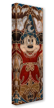 Load image into Gallery viewer, Sorcerer Mickey Mouse in his starry blue hat and red robe raises his arms, carved in wood-grain style with ornate patterns.