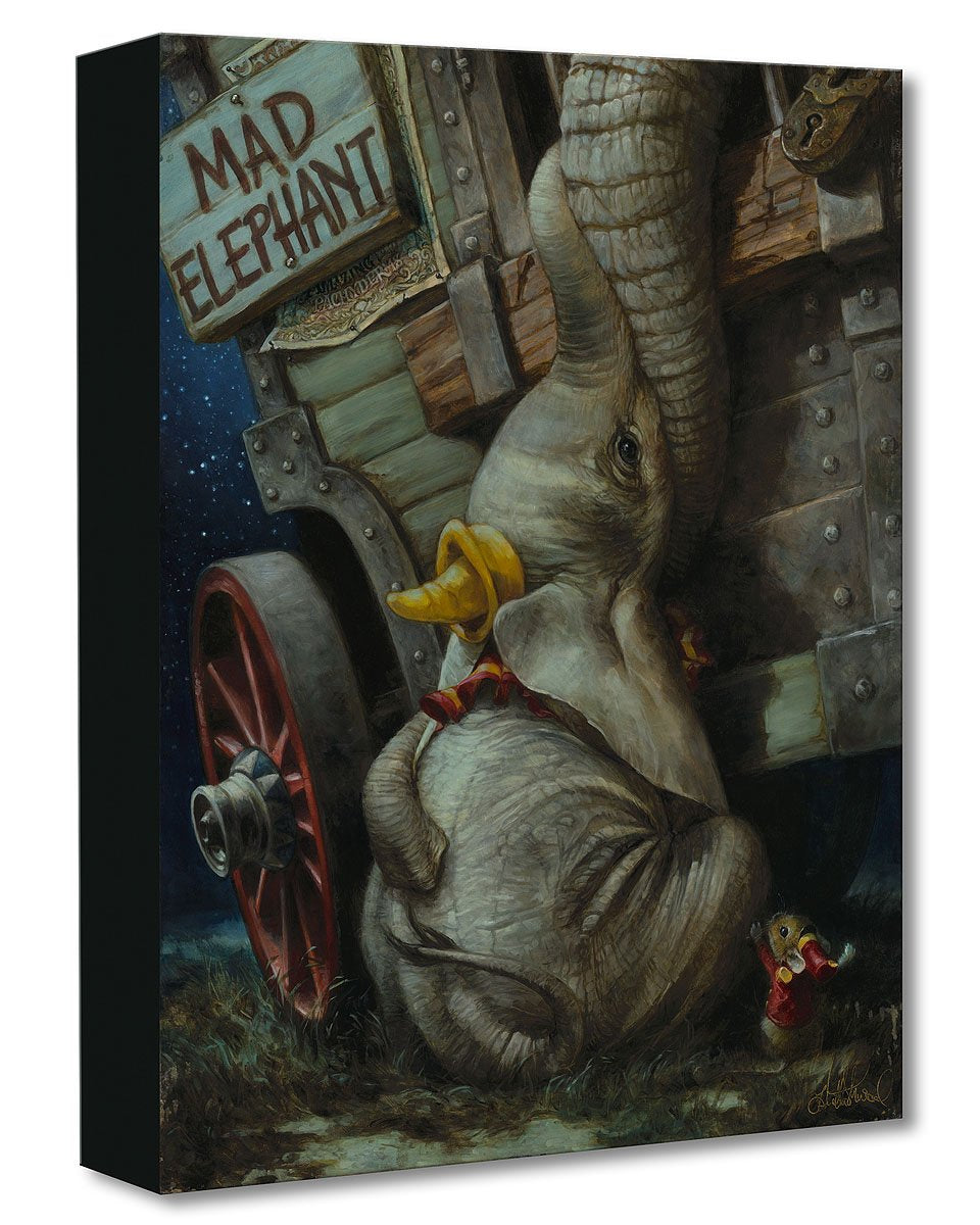 Painting of Disney's Dumbo, a baby elephant, being cradled in his mother's trunk while she reaches through the barred window of a train car.