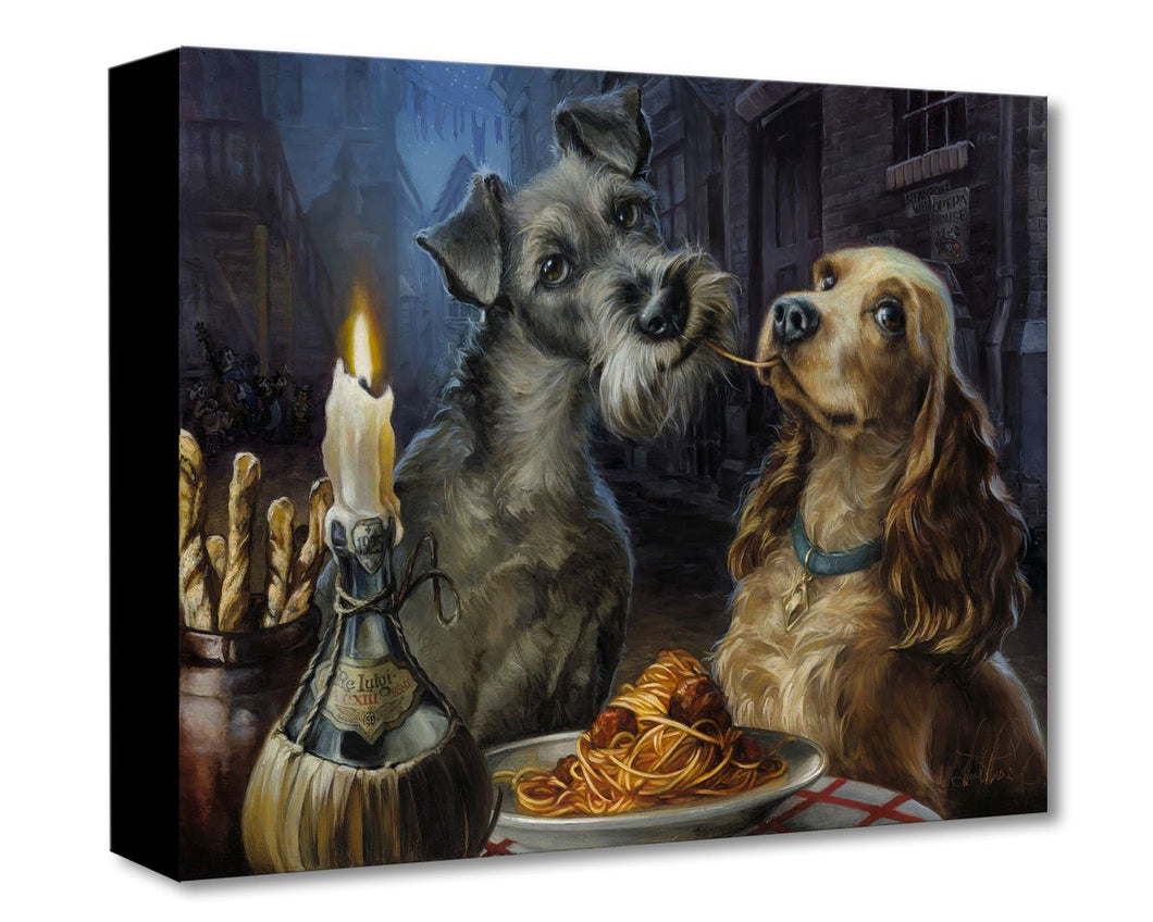 Painting of two dogs, Lady and Tramp, from the Disney film Lady and the Tramp, sharing a plate of spaghetti , by candle light.