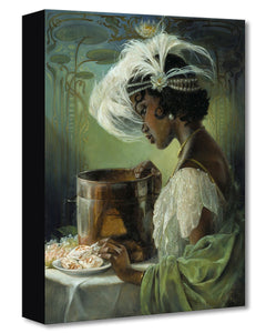 Painting of the Disney character Princess Tiana, from Disney's The Princess and the Frog, dressed in a green and white gown, preparing a plate of gumbo.
