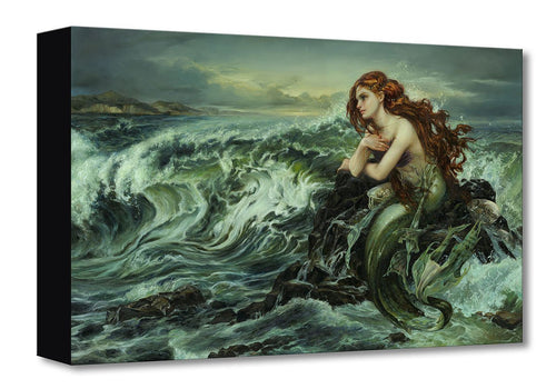 Painting of Ariel, a mermaid with red hair, sitting on a rock among crashing waves on the sea shore.