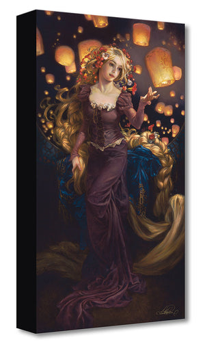 Disney character Rapunzel in a purple gown, surrounded by paper lanterns illuminating the sky.