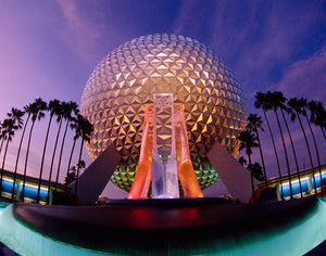The Spaceship Earth attraction at Epcot, at the Walt Disney World Resort in Orlando, Florida, at dusk.